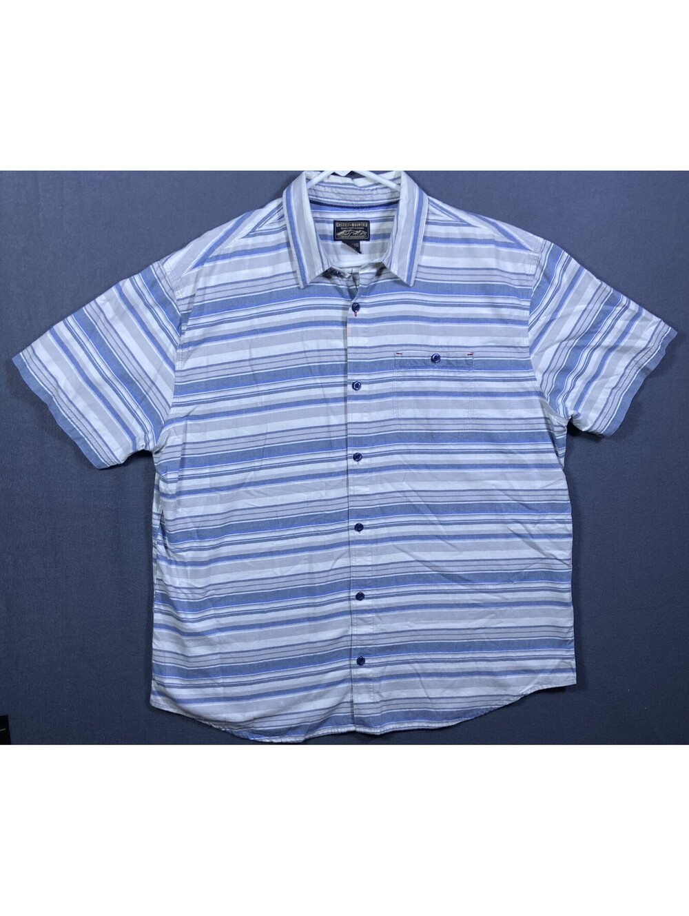 Grizzly Mountain Shirt Mens XXL 26x30  Blue White Striped Short Sleeve Button *